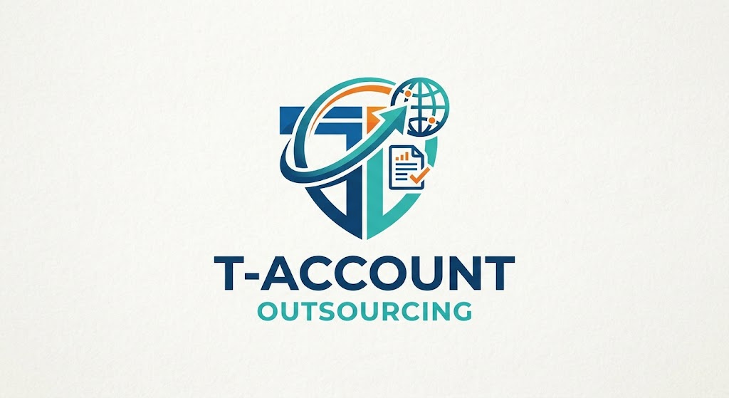 T-Account Outsourcing logo with globe, growth arrow, accounting document, and shield emblem